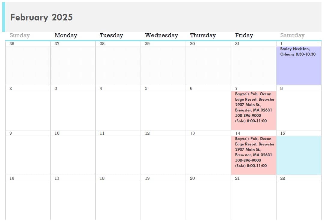Jeff Thibodeau Music 2025 Gig Calendar_February 2025